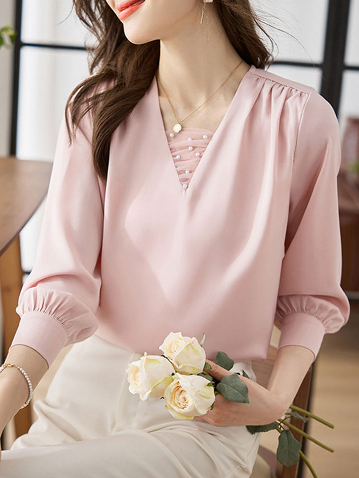 Brianna Classic V-neck Satin Shirt-Apricot