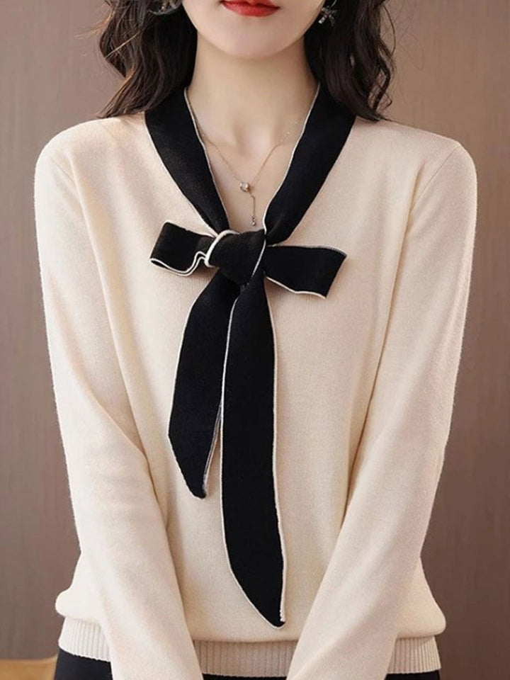 Jessica Casual Color Block Bow Tie Knitted Top