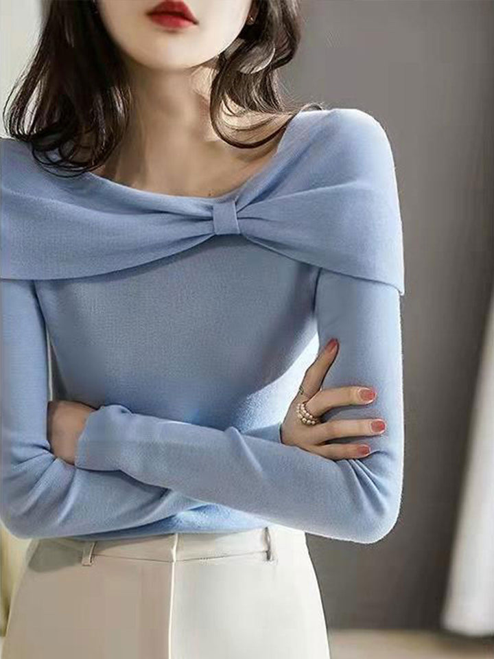 Brianna Brianna Off-Neck Bow Knitted Sweater-Blue