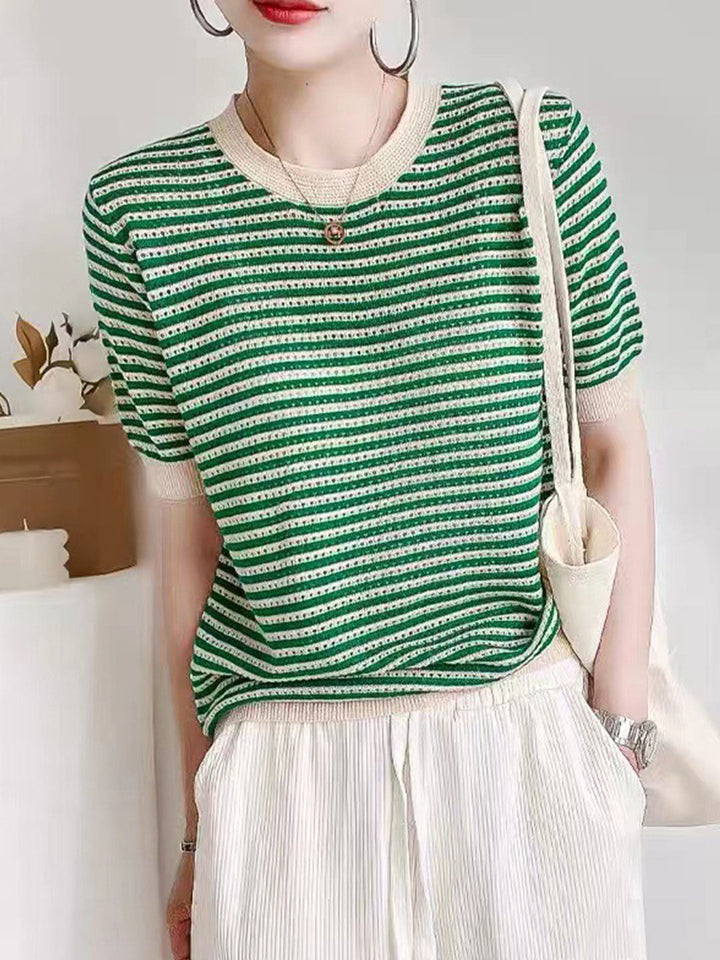 Alyssa Casual Crew Neck Hollowed Striped Top