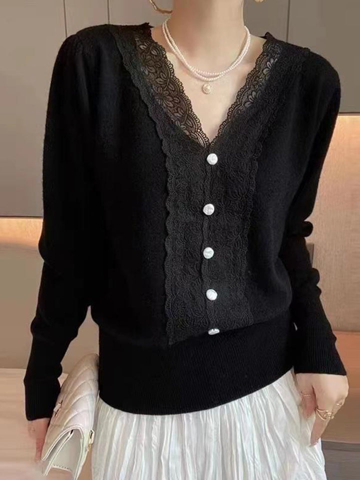 Elaine French Style  V-Neck Lace Stitching Knitted Sweater