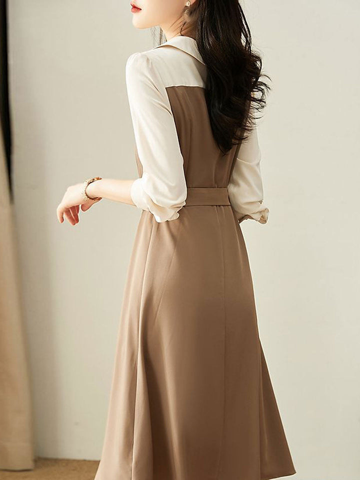 Brianna Elegant Tie Patchwork Waist Dress