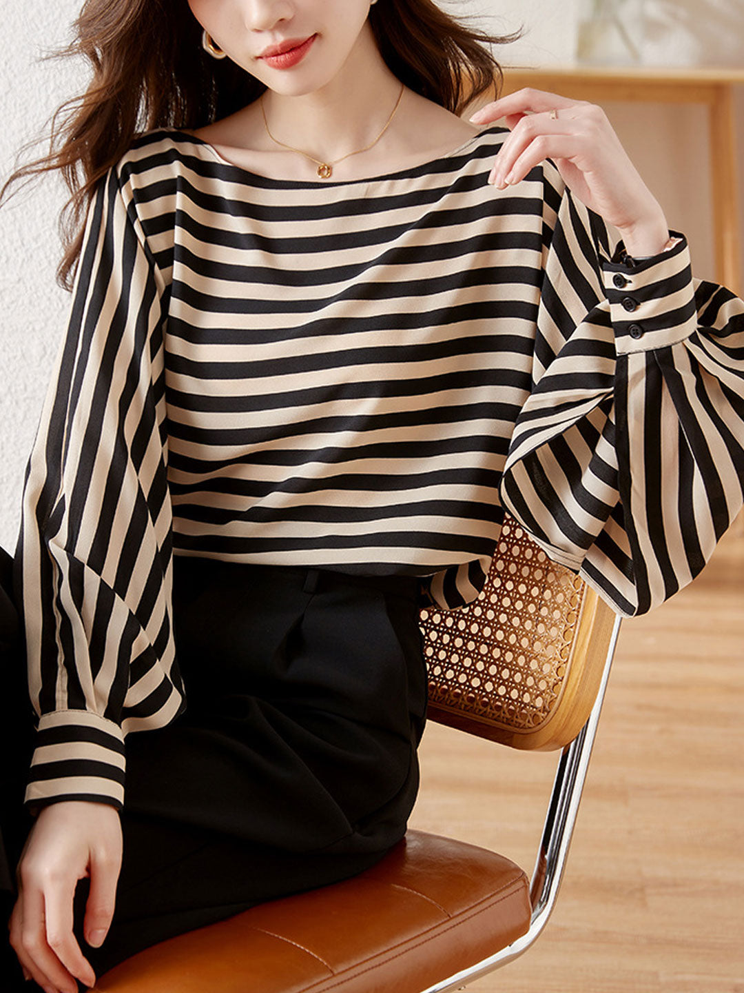 Jessica Classic One-shoulder Striped Chiffon Blouse