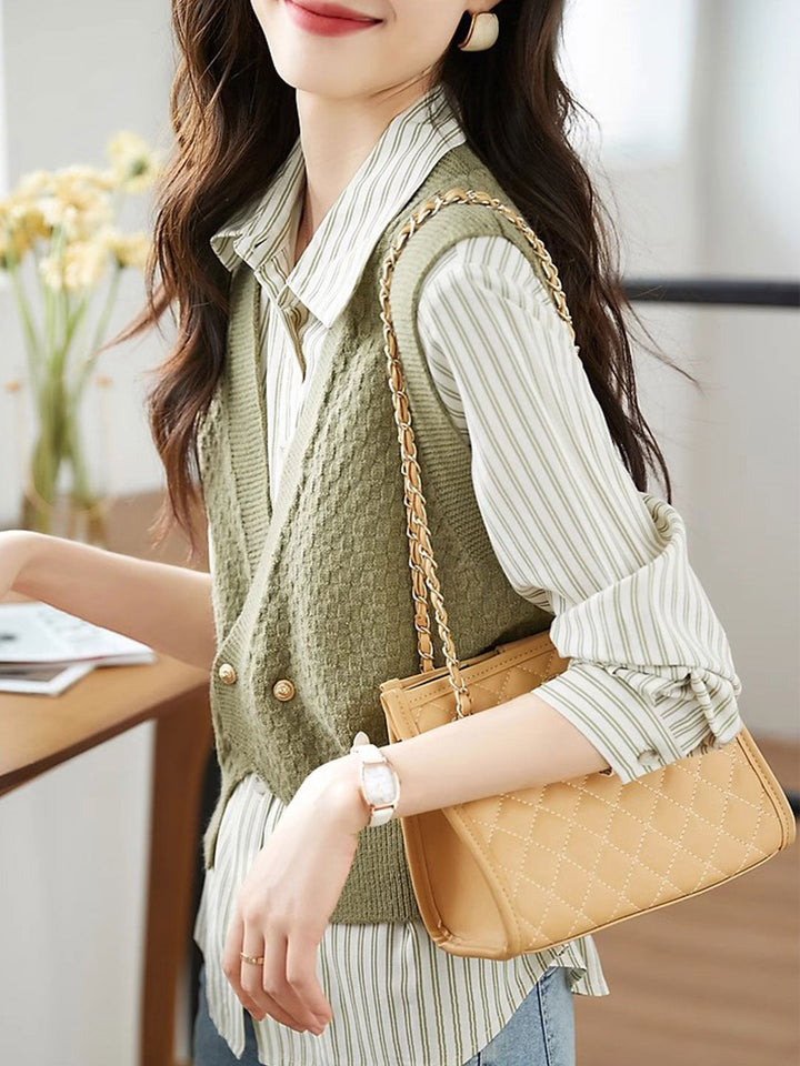 Jessica Elegant Striped Shirt Knitted Vest Set