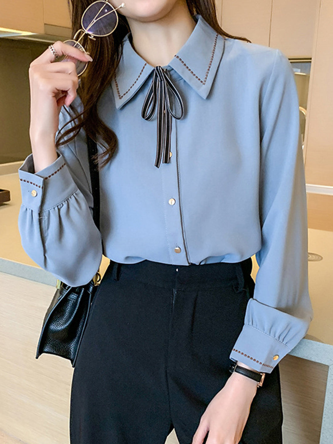 Elizabeth French Style Chiffon Bow Tie Lapel Blouse Shirt