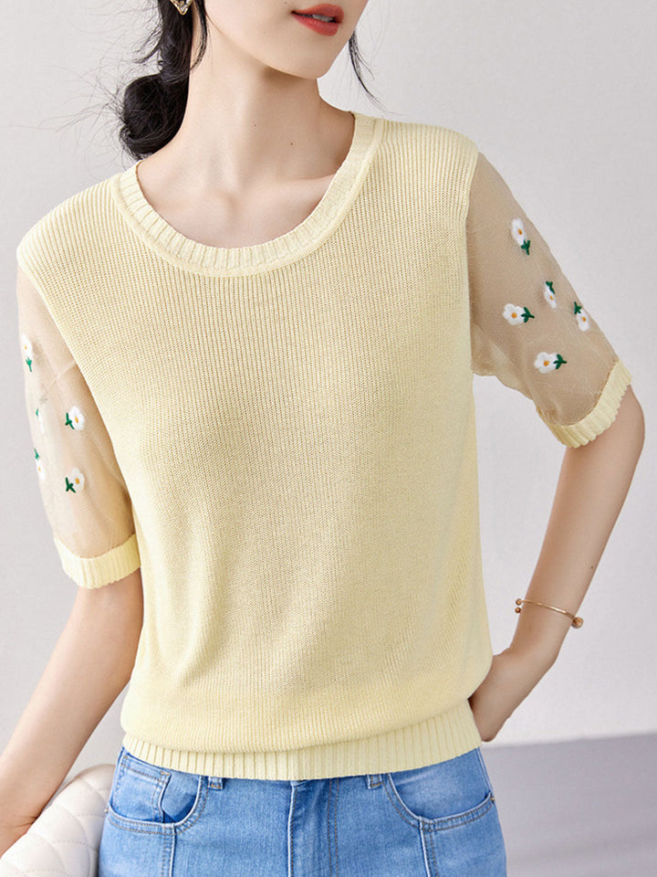 Alexis Classic Embroidered Puff Sleeve Knitted Top-White