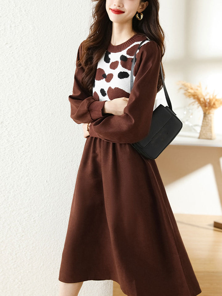 Olivia Classic Waist Puff Sleeve Patchwork Sweater Dress Set