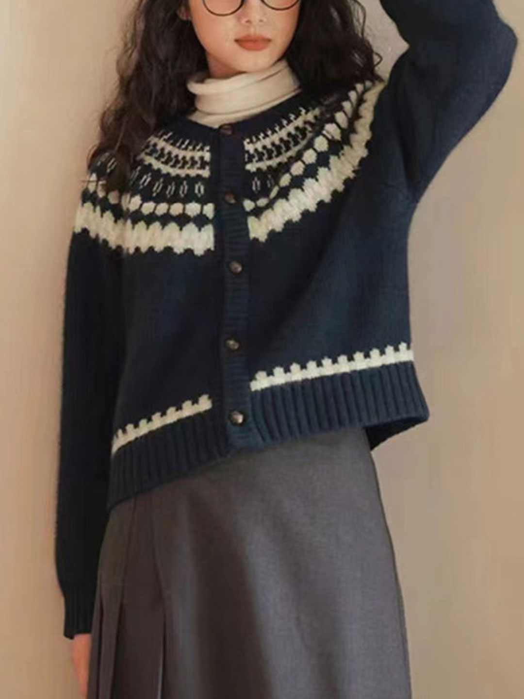 Kayla Retro Crew Neck Contrast Knitted Cardigan