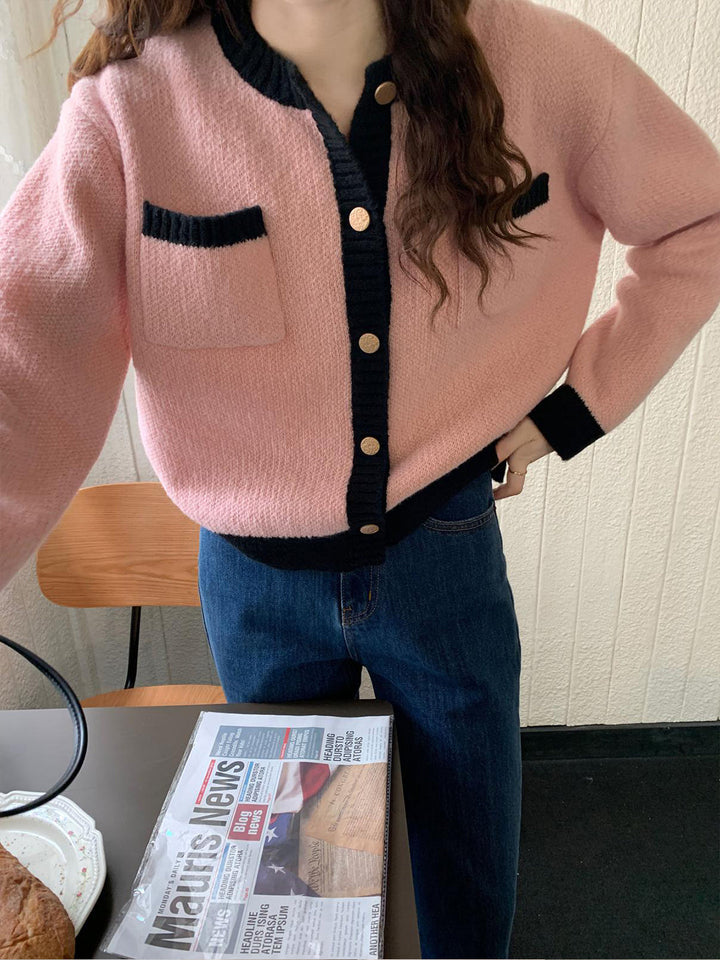 Zoey Casual Crew Neck Cardigan-Pink