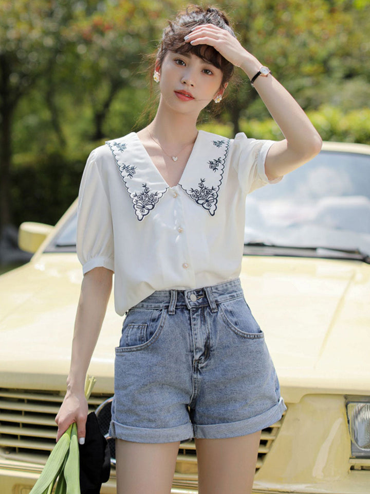 Alexis Retro Embroidered Collar Shirt Top-White