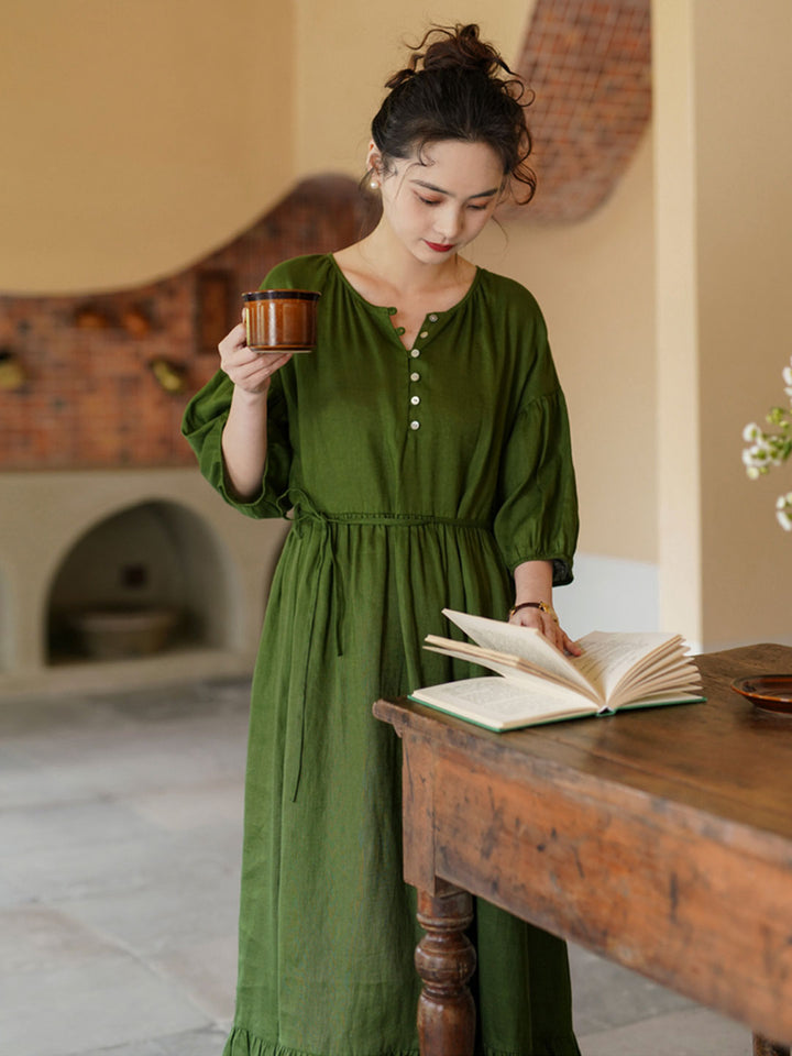 Abigail Casual Linen Waist Mermaid Dress-Green