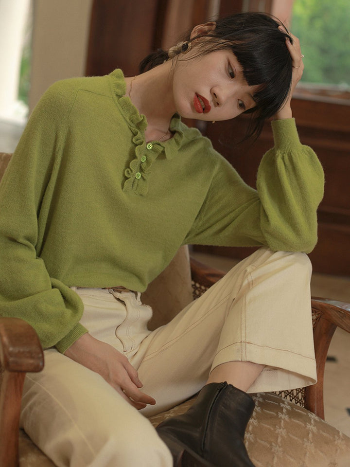 Jessie Retro Lantern Sleeve Green Knitted Top