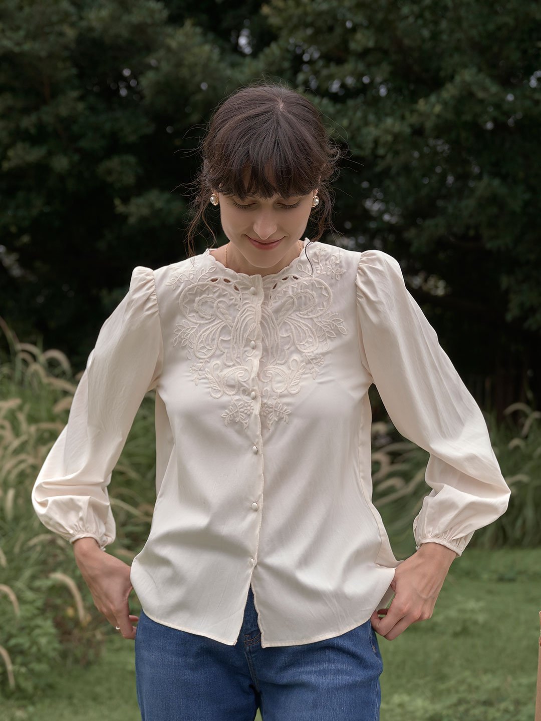 Ally Embroidered Lantern Sleeve Blouse