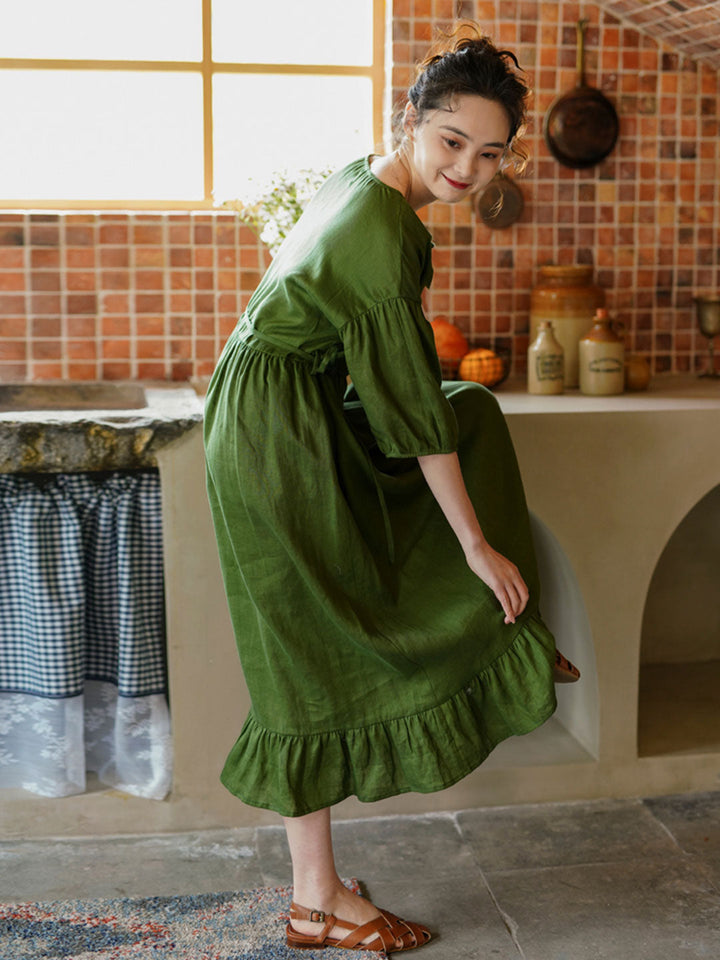 Abigail Casual Linen Waist Mermaid Dress-Green