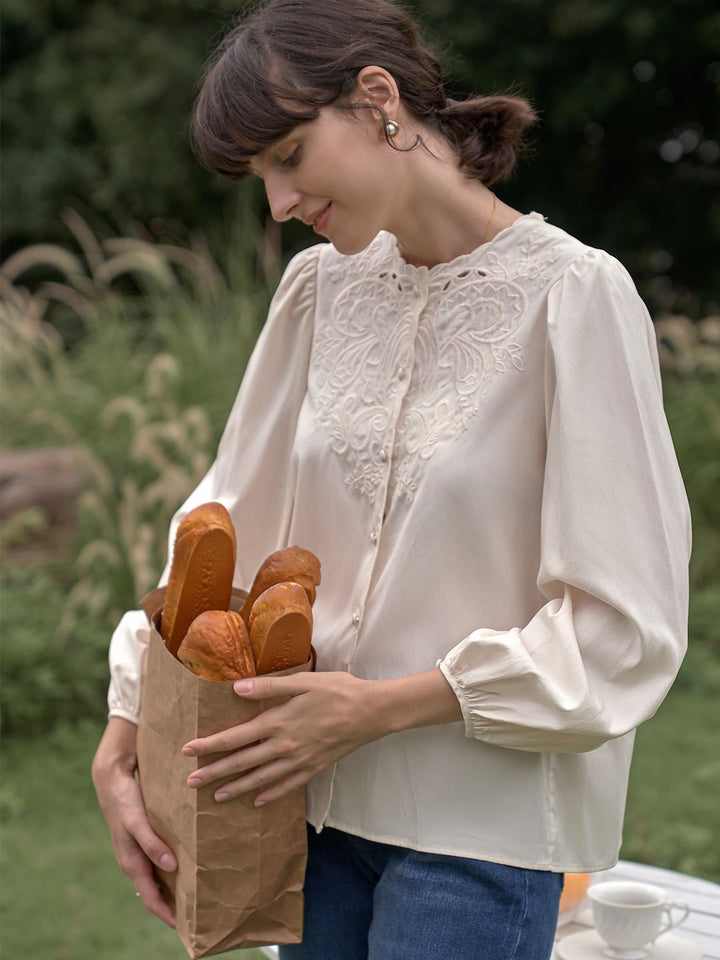 Ally Embroidered Lantern Sleeve Blouse