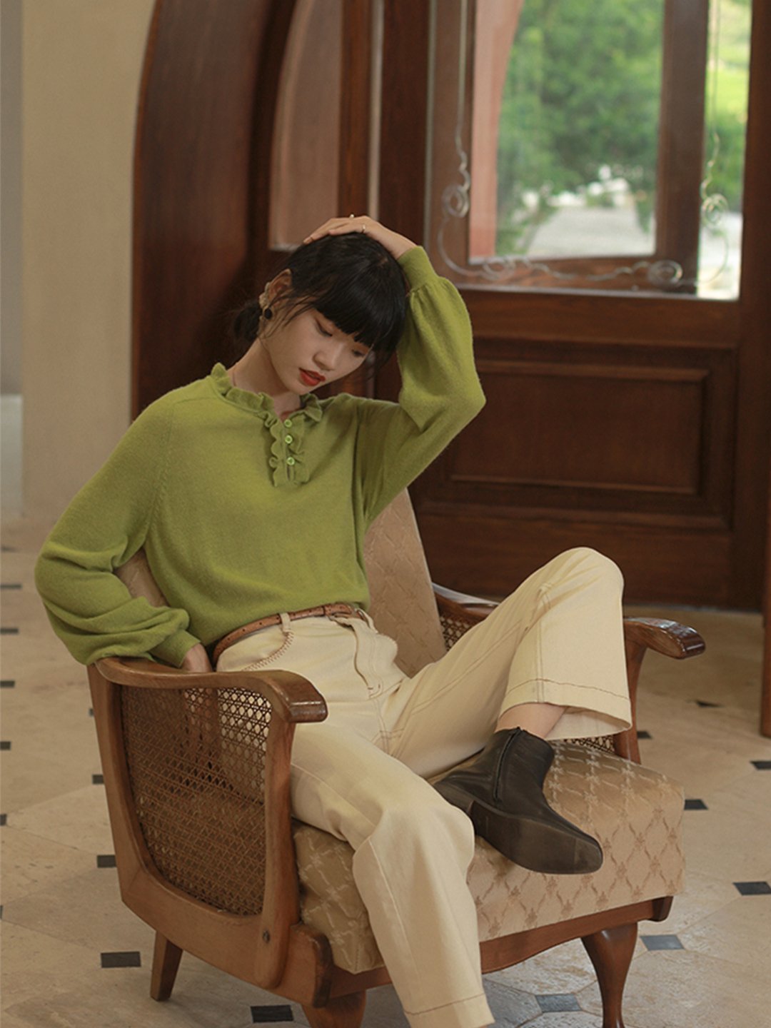 Jessie Retro Lantern Sleeve Green Knitted Top