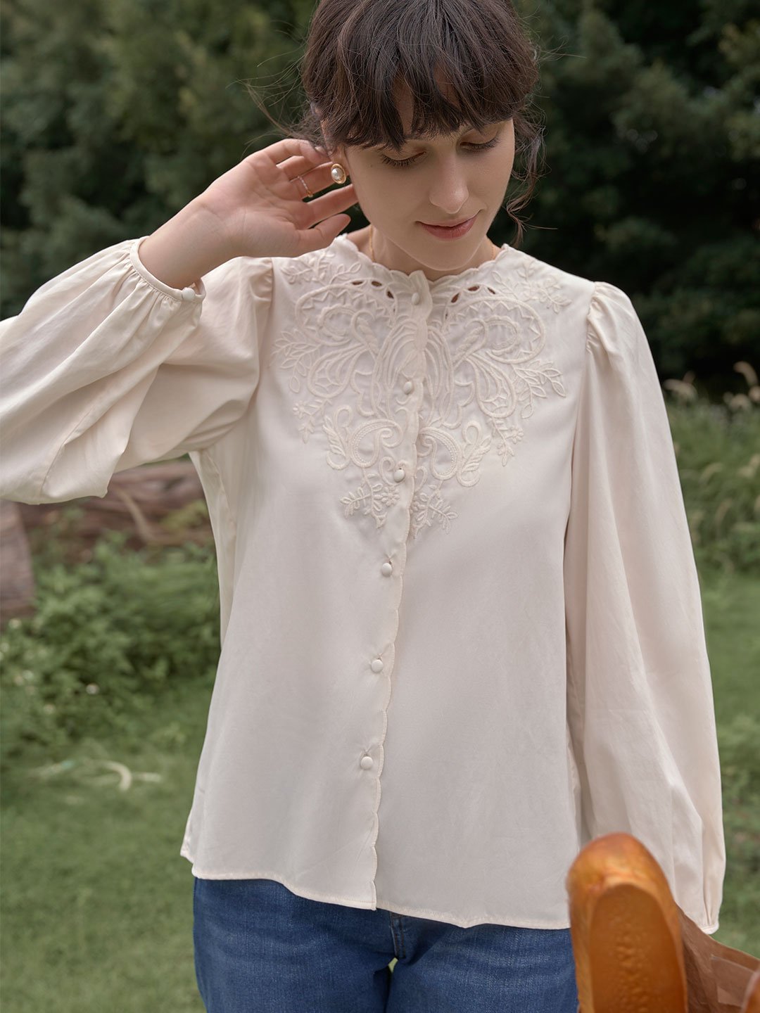 Ally Embroidered Lantern Sleeve Blouse