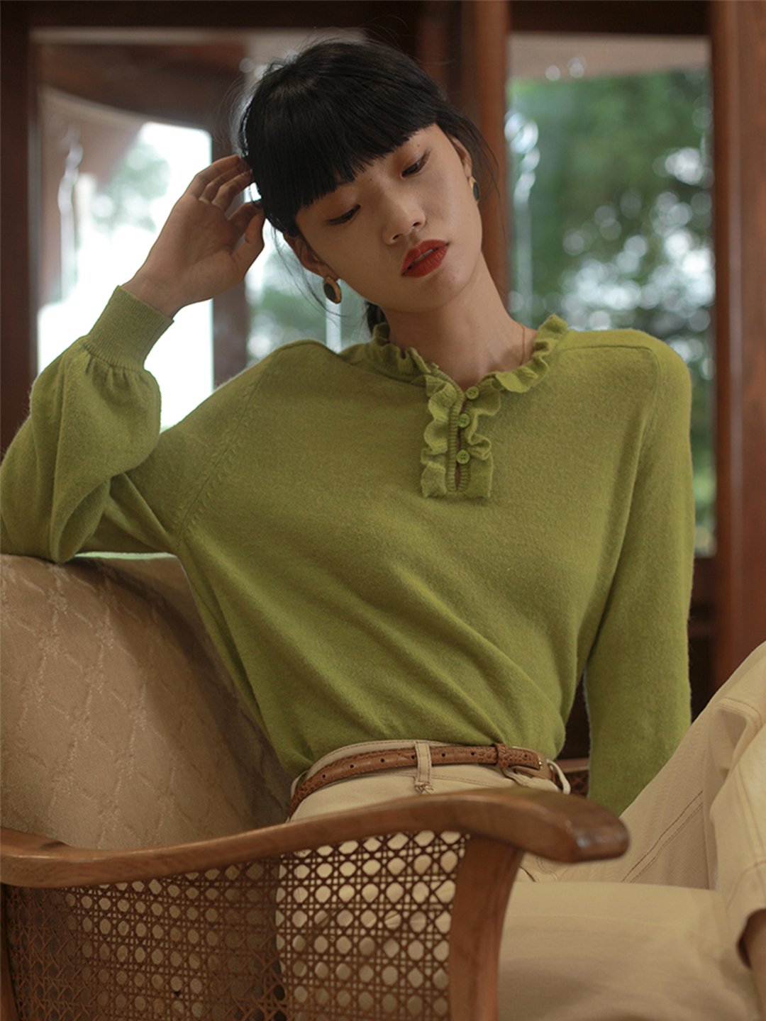 Jessie Retro Lantern Sleeve Green Knitted Top