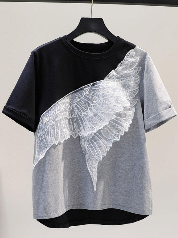 Kayla Individual Crew Neck Splicing Feather Top