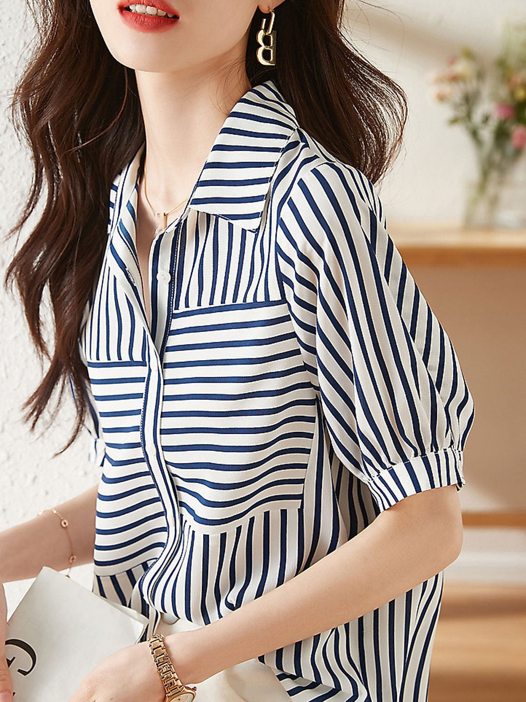 Sophia Casual Blue and White Striped Chiffon Shirt