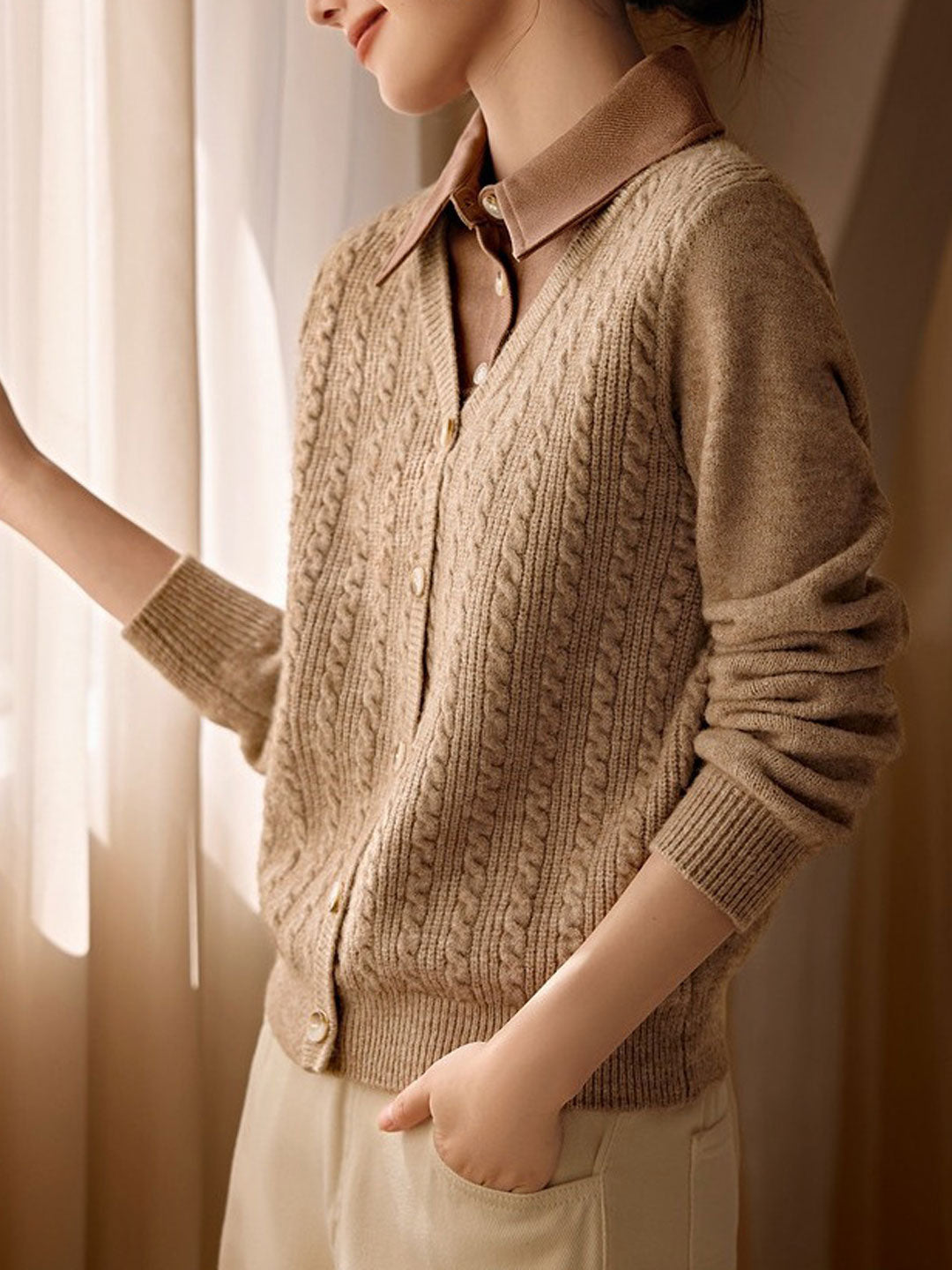 Emily Retro Lapel Stitched Patchwork Knitted Sweater