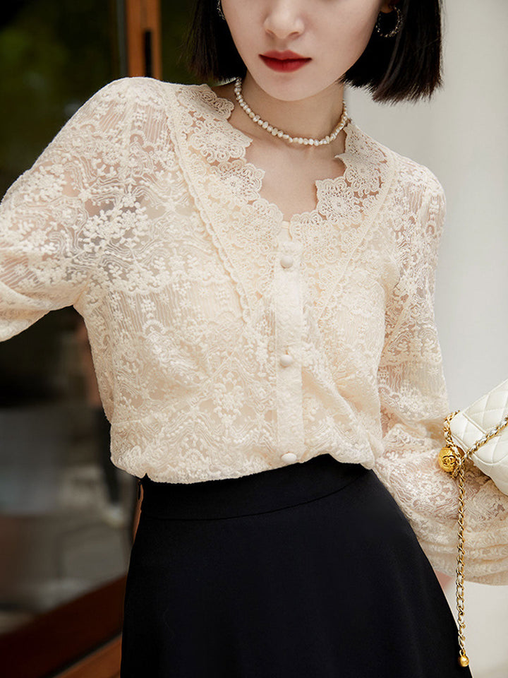 Khloe Elegant V-Neck Lantern Sleeve Lace Top