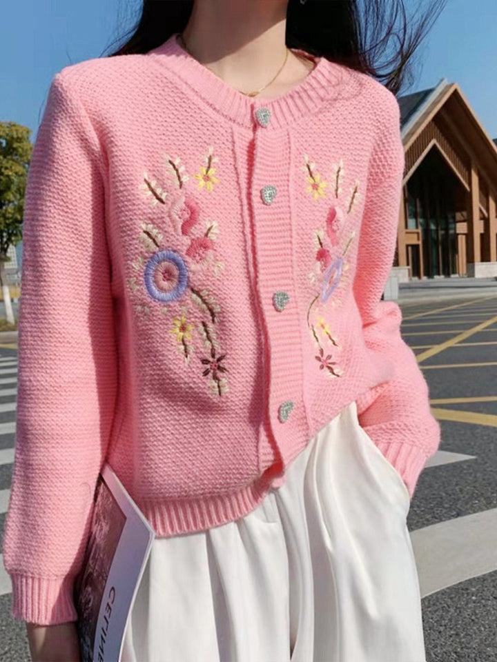 Hannah Casual Embroidery Floral Knitting Sweater-Pink