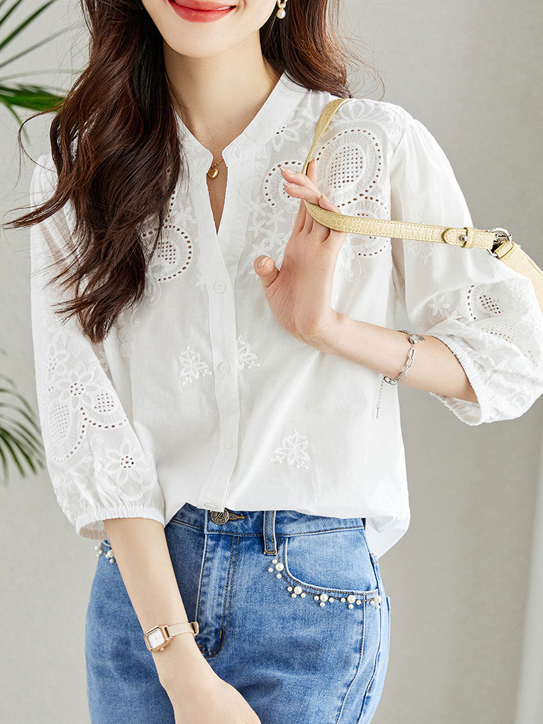 Eva Classic Embroidery Hollowed Shirt