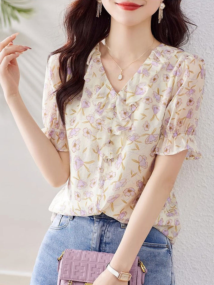 Lauren Elegant Ruffled Floral Chiffon Top