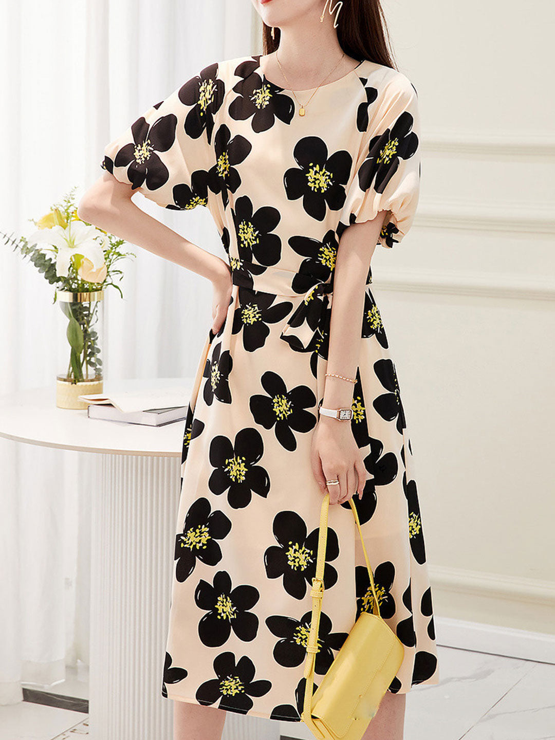 Mia Elegant Printed Tie Dress