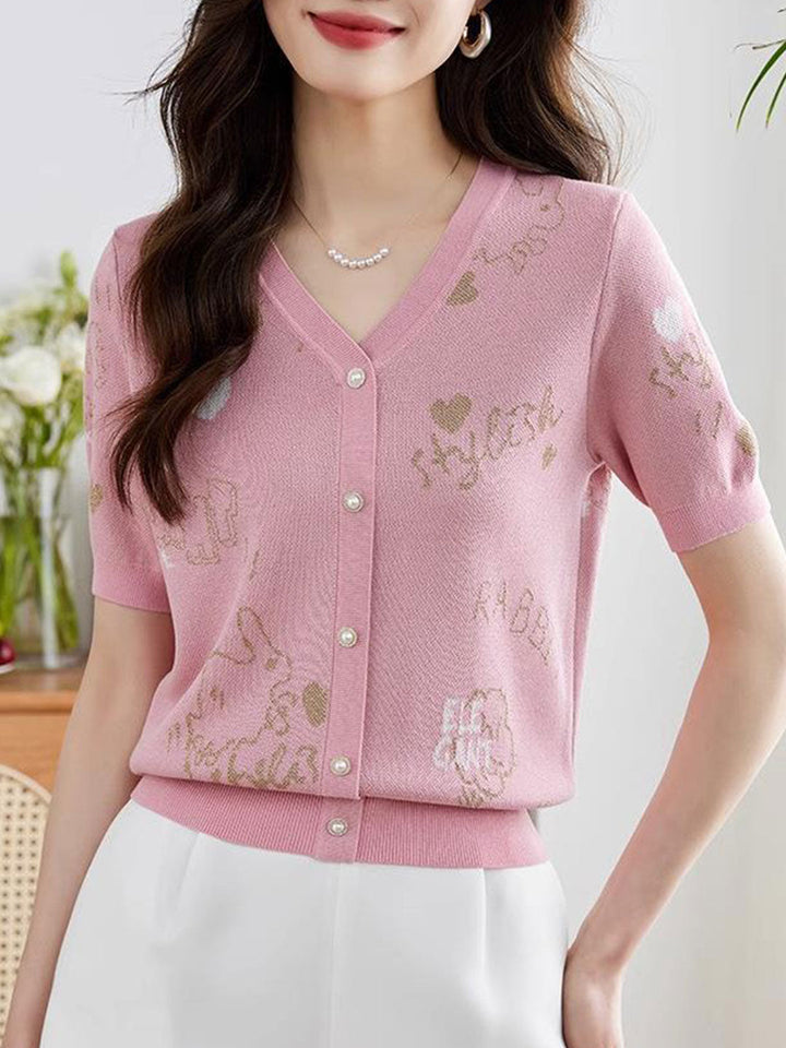 Ashley Classic Puff Sleeve Jacquard Knitted Top-Pink