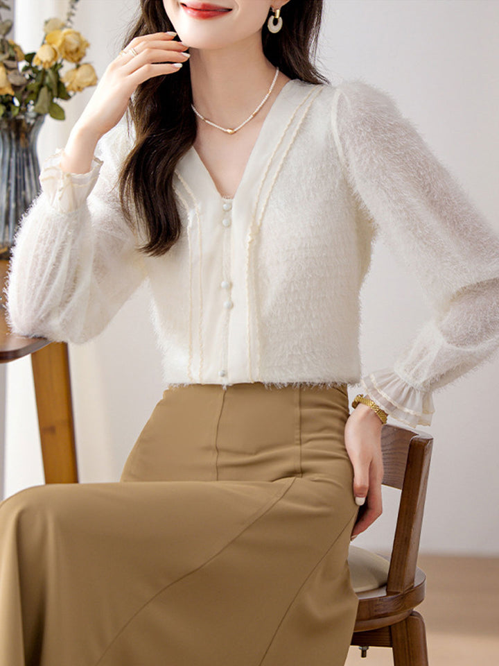 Anna Classic V-neck Auricular Chiffon Blouse