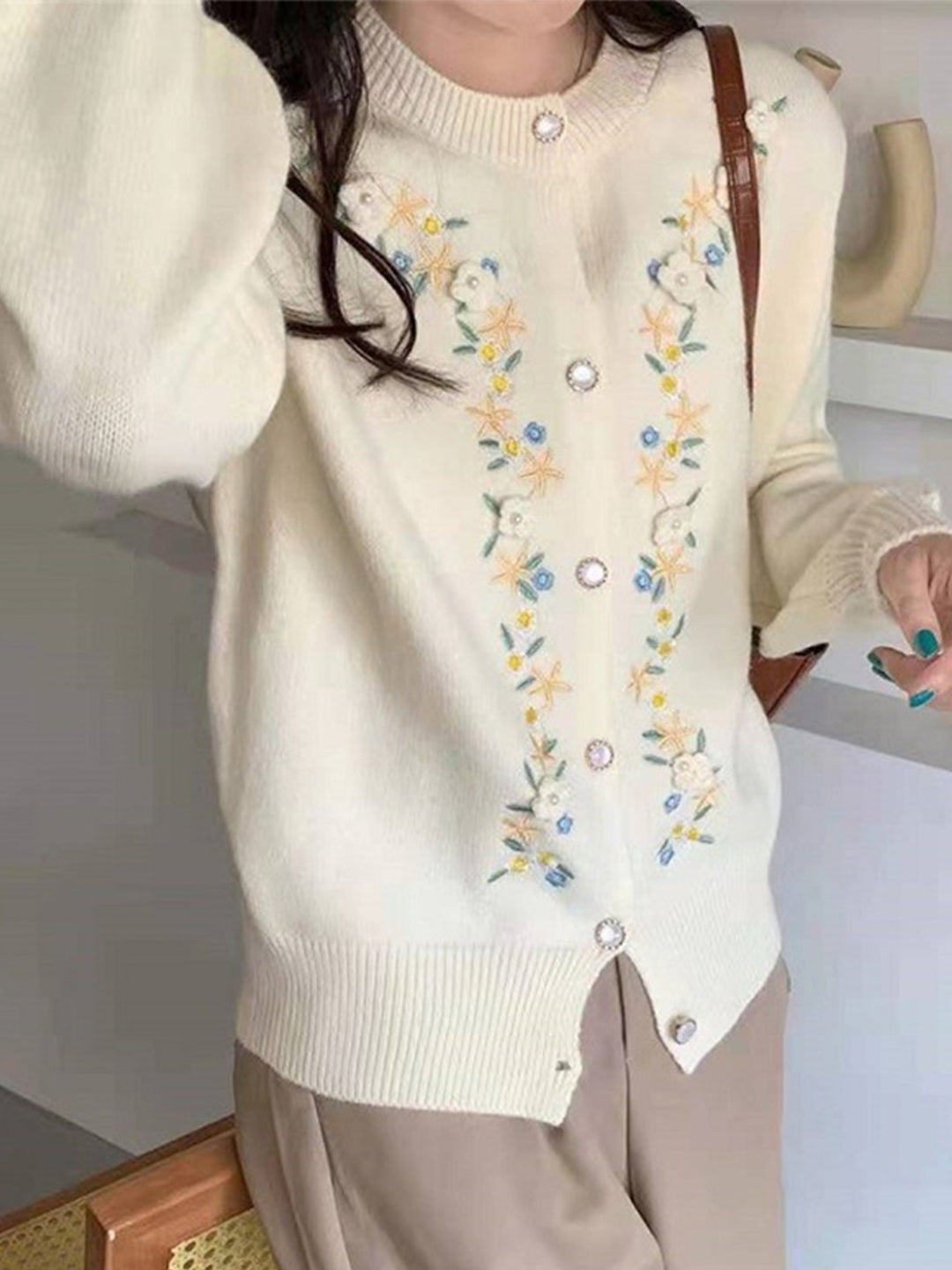 Chloe Casual  Embroidered Crew Neck Cardigan