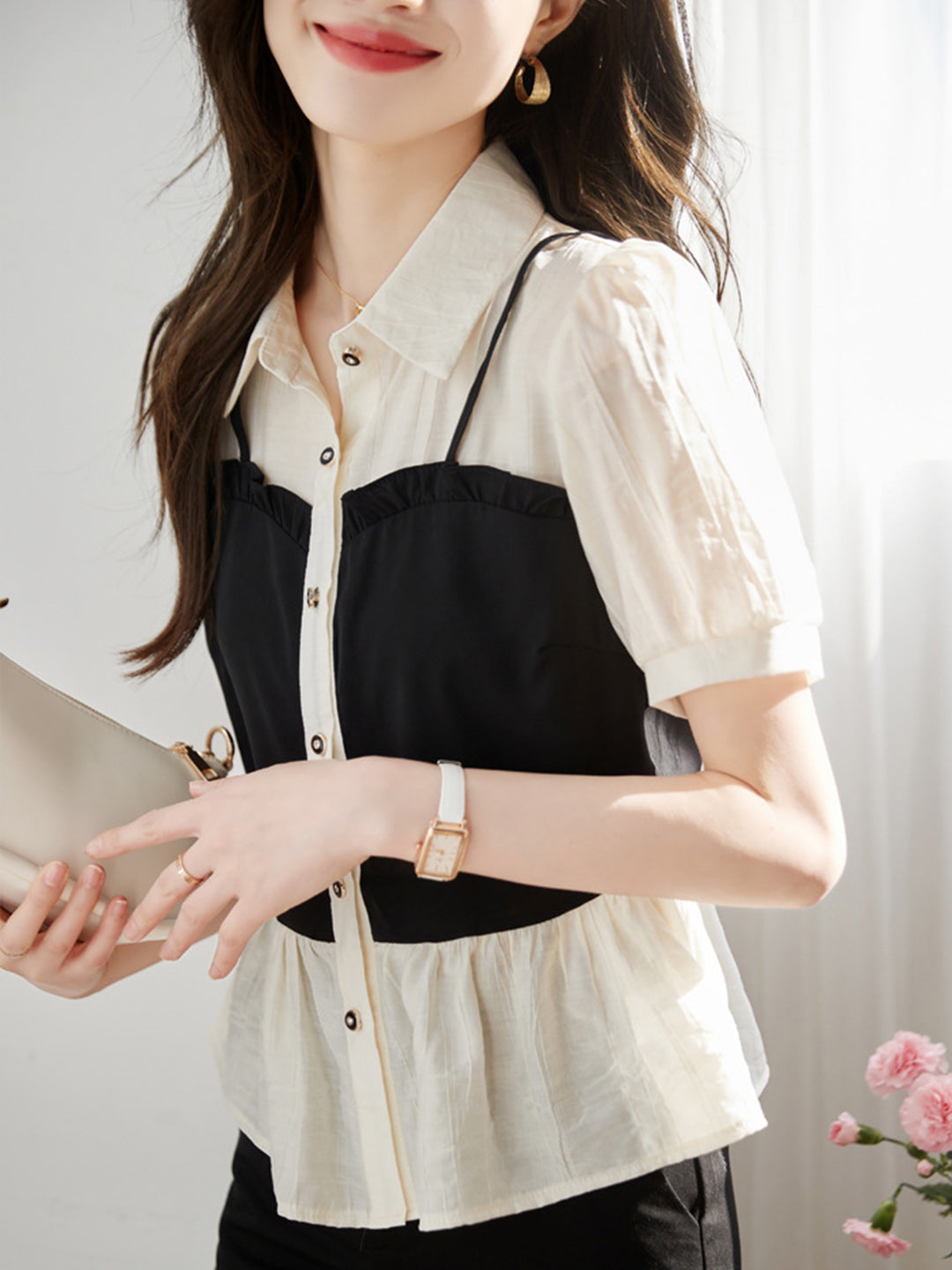 Hannah Retro Button Color-block Chiffon Top