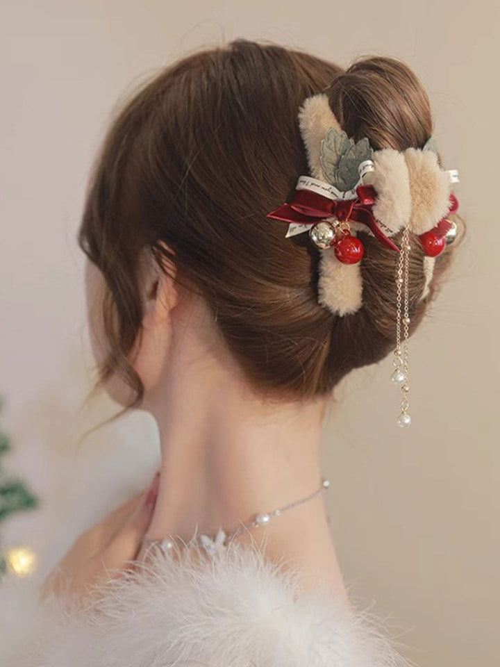 Plush Bow Tassel Bell Grabber Hair Accessory