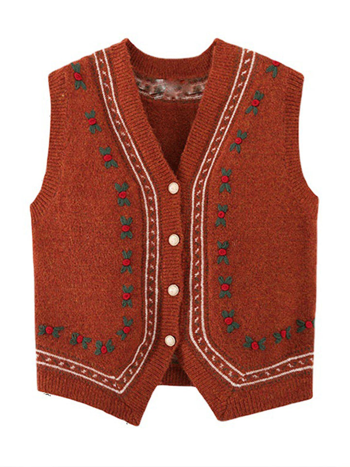 Alani Vintage Embroidery V-Neck Knitted Vest-Yellow