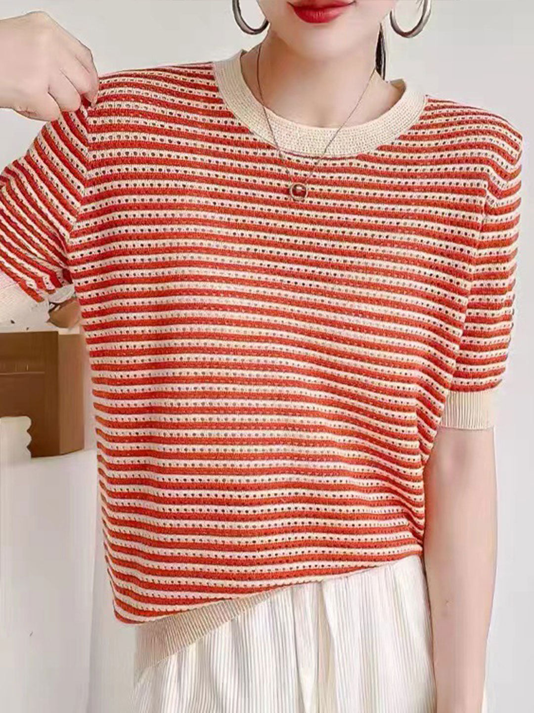 Alyssa Casual Crew Neck Hollowed Striped Top