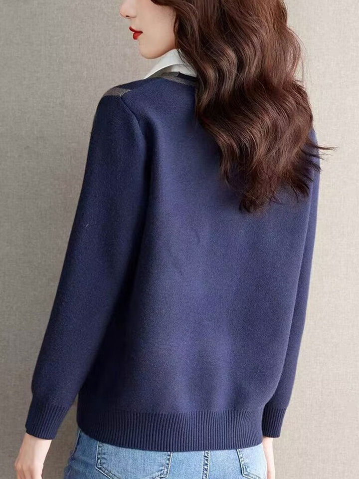 Ava Casual Contrast Color Shirt Collar Knitted Sweater