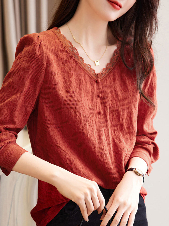 Brianna Retro V-neck Lace Collar shirt