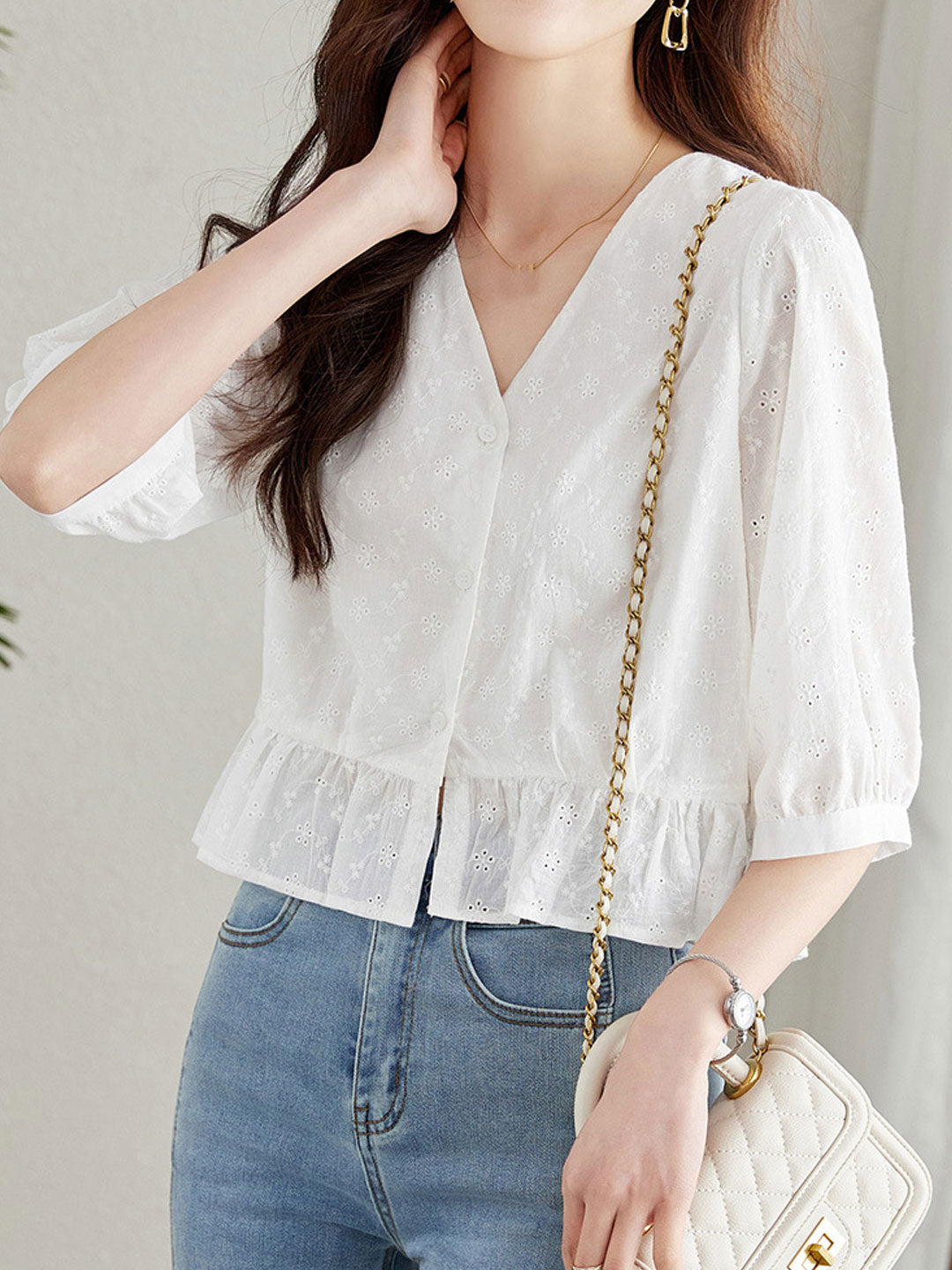 Valeria Classic Embroidered Hollowed Blouse