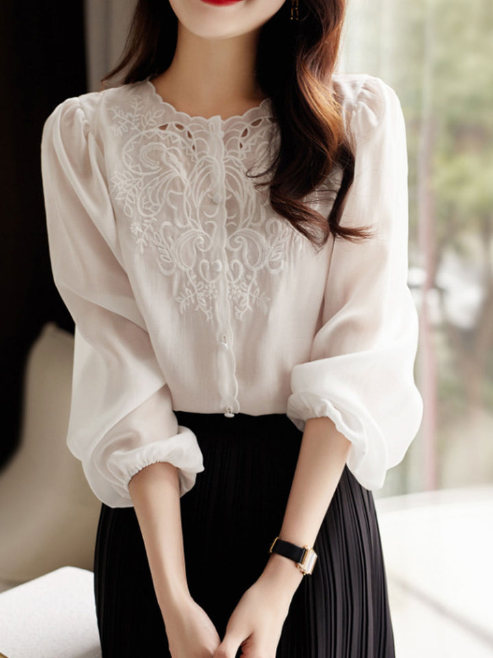 Jocelyn Elegant Embroidered Lantern Sleeve Shirt-White