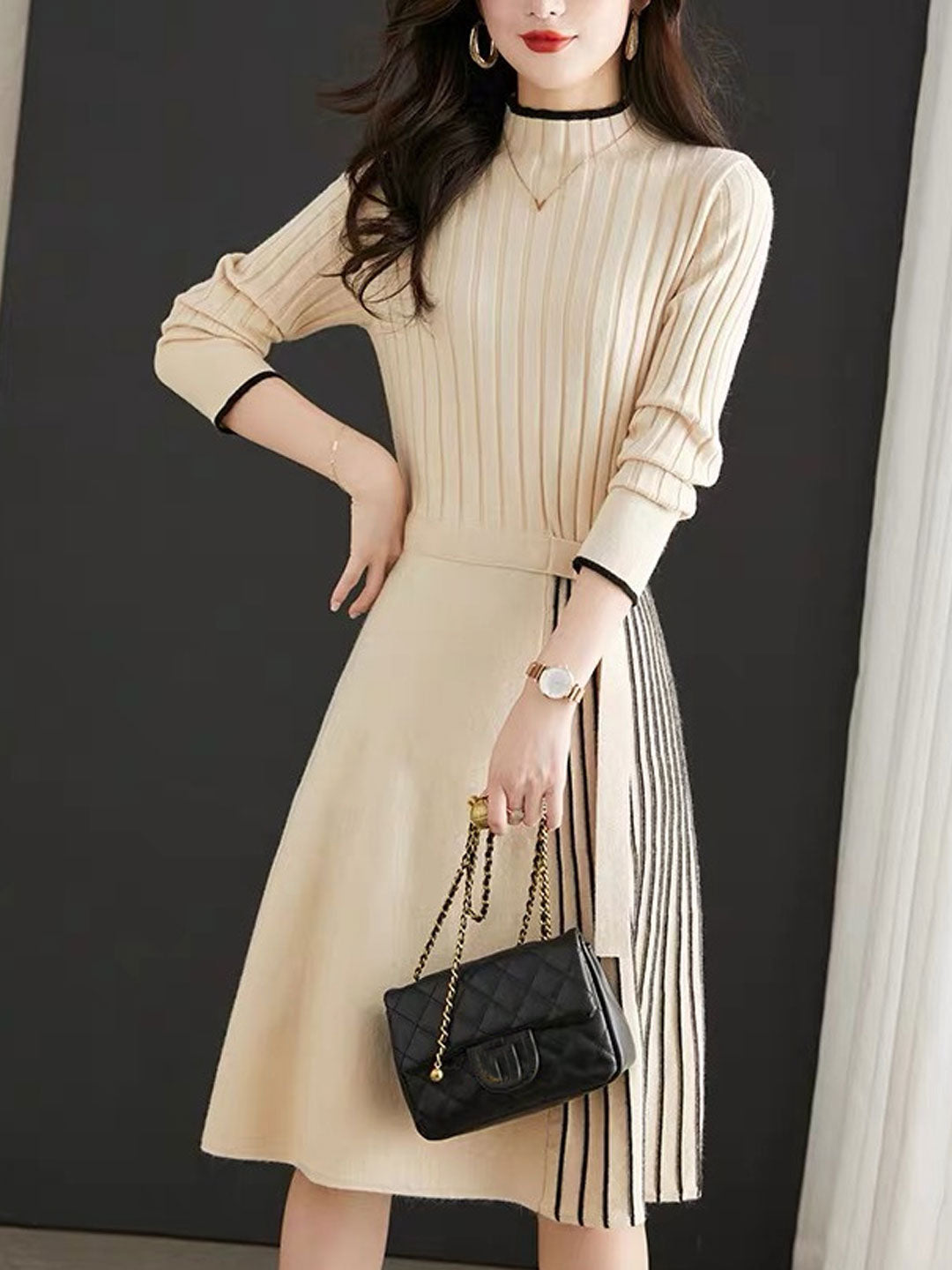 Natalie Elegant Turtleneck Knitted Pleated Dress