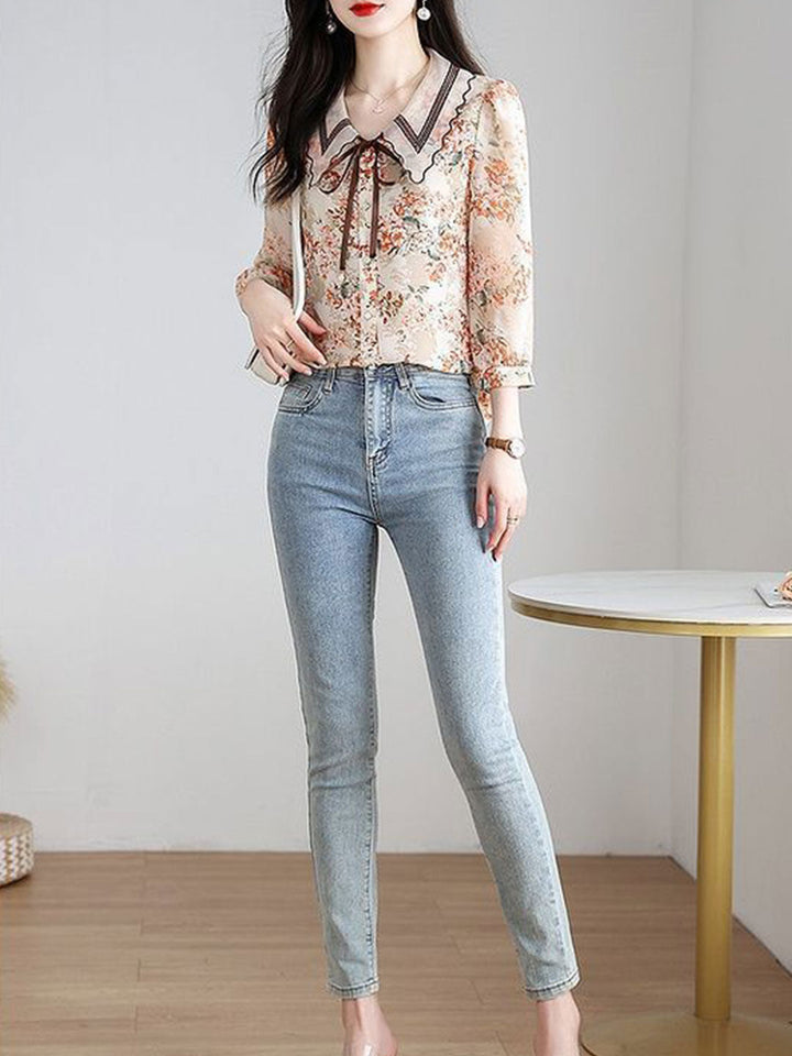 Rachel Classic Printed Floral Chiffon Shirt-Pink