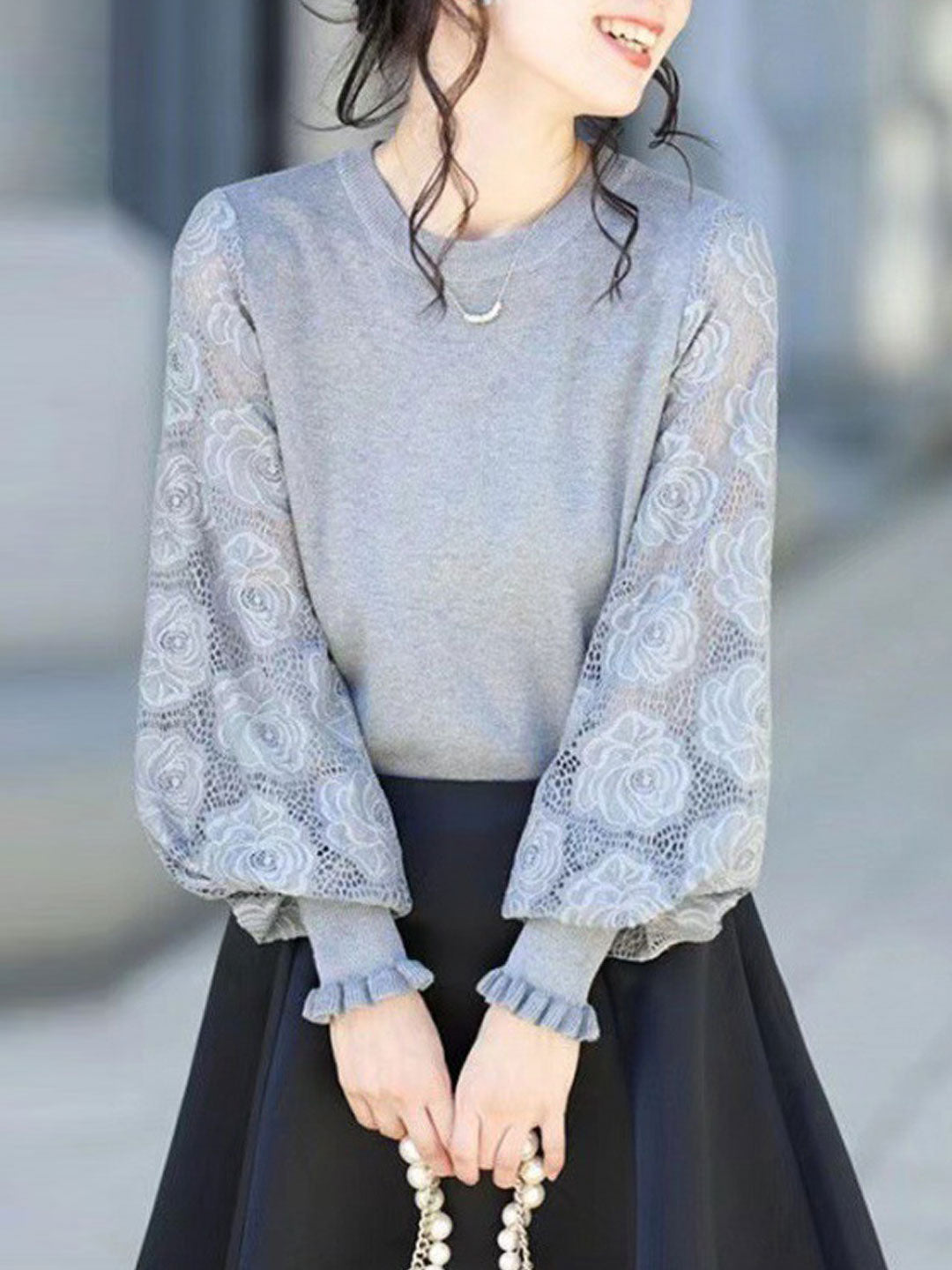 Anna Lace Lantern Sleeve Pullover Knitted Sweater