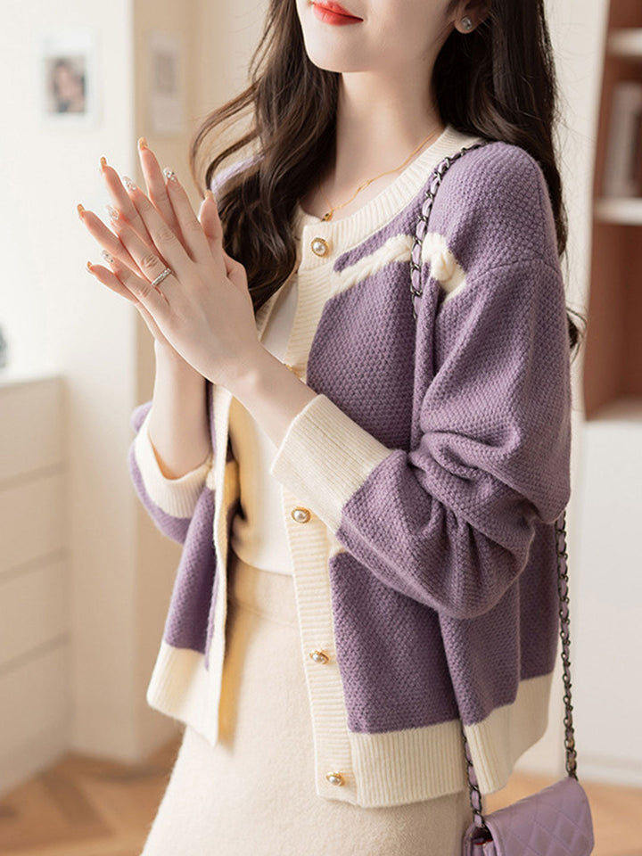 Grace Classic Crew Neck Knitted Cardigan-Purple