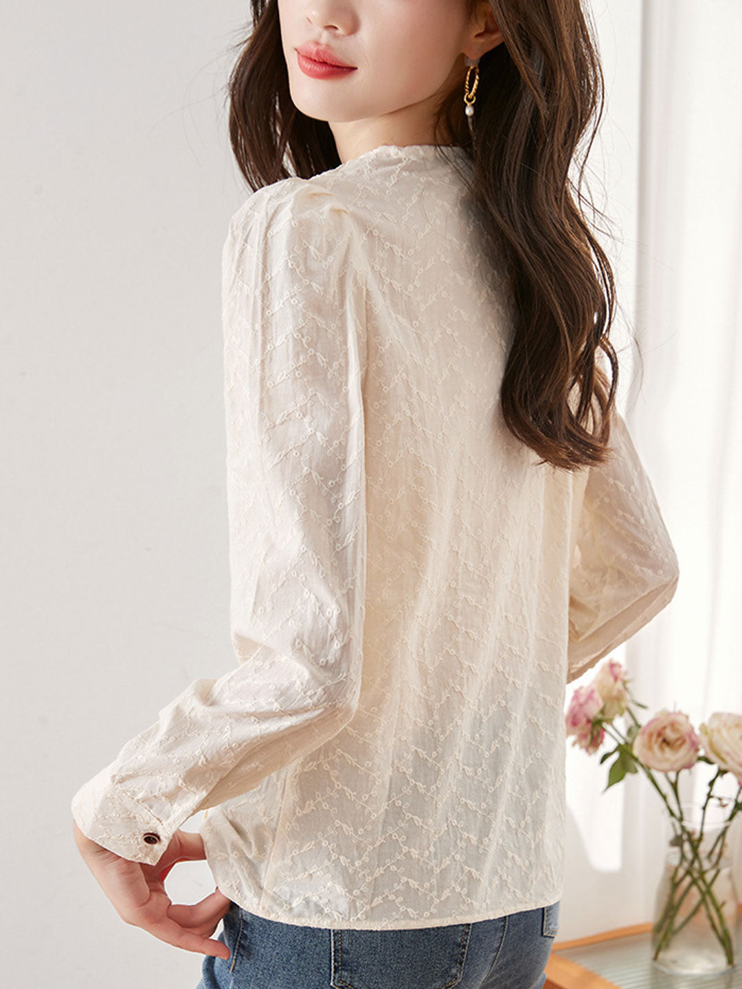 Kayla Retro Lantern Sleeve Lace Embroidered Blouse