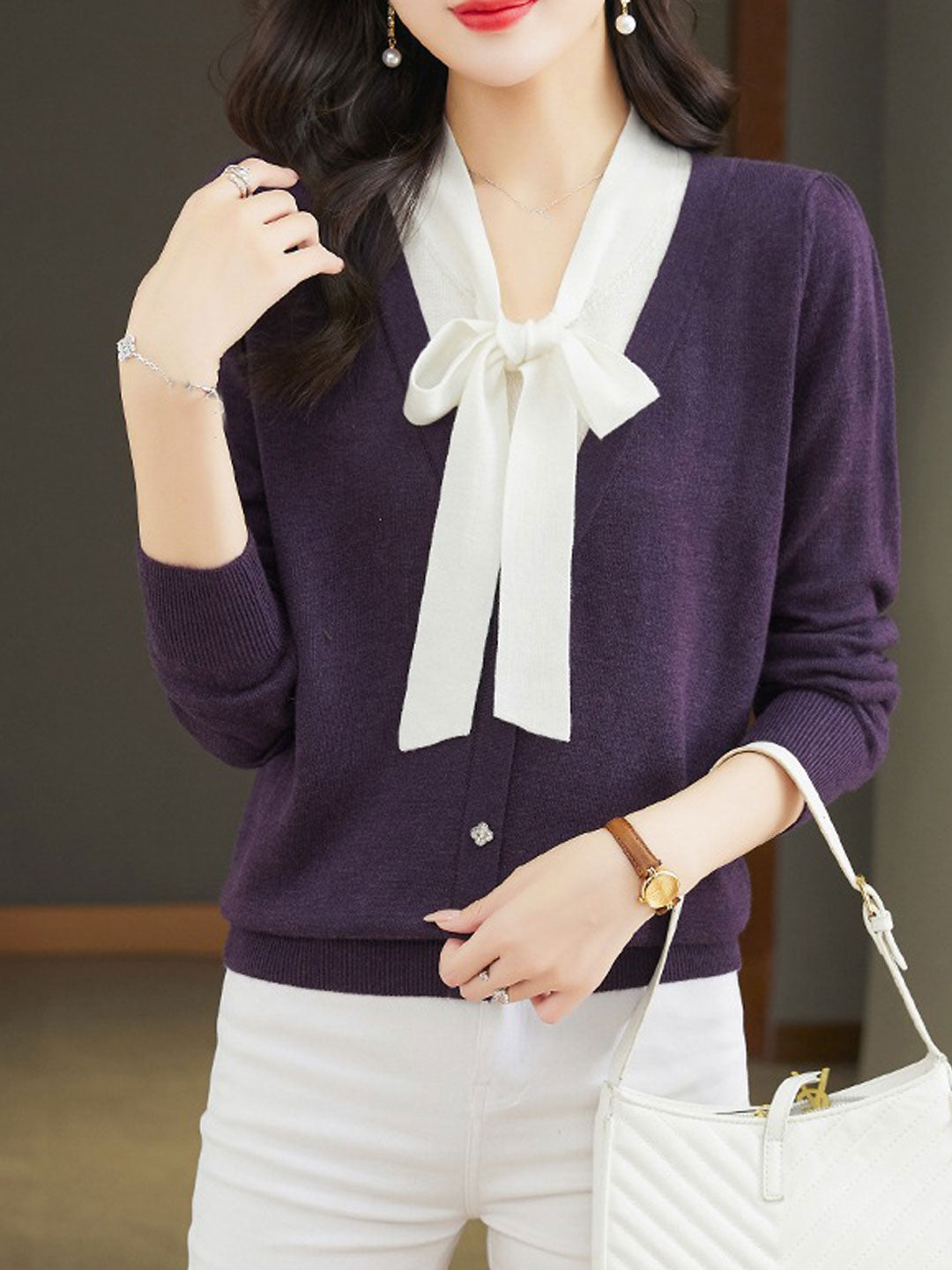 Raya Casual V-Neck Bow Knitted Sweater