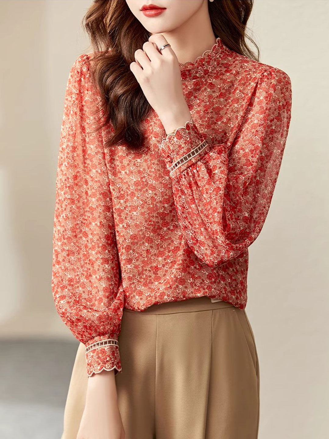 Chloe Retro Floral Printed Chiffon Blouse