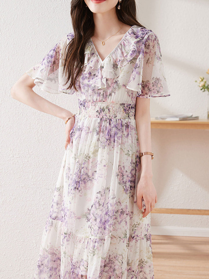 Valeria Retro Waisted Floral Chiffon Dress