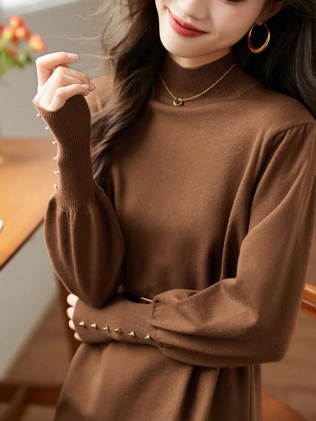 Emma Retro Turtleneck Puff Sleeve Knitted Dress